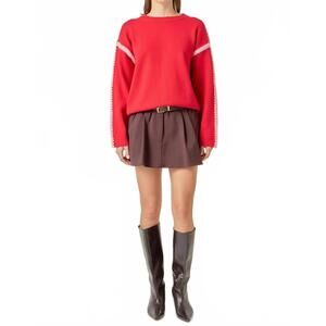 NEW ENGLISH FACTORY women's stitch detailed crew neck knit top in red